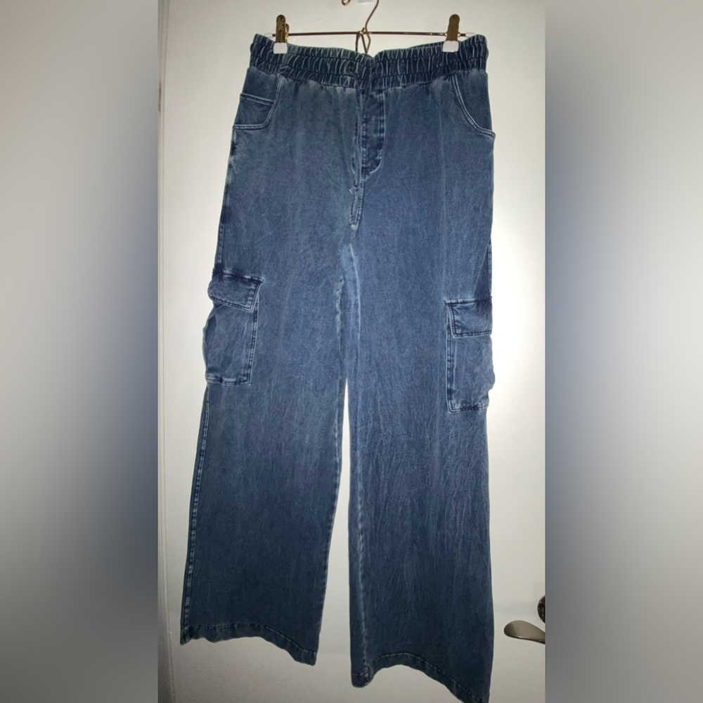 Mono B Blue Mineral Wash Cargo Pants looks like denim but is soft terry size M
